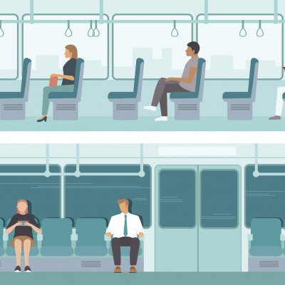 Cartoon image of people sitting on public transport